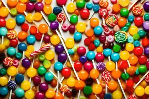 colorida doce pirulitos em uma mesa. gerado por IA foto