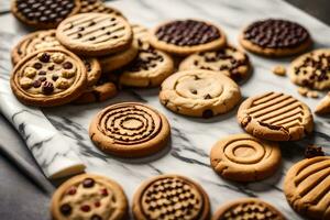 uma variedade do biscoitos em uma mármore contador. gerado por IA foto