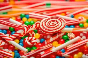 muitos colorida doce doces estão arranjado dentro uma pilha. gerado por IA foto