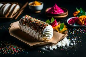 uma pastelaria com granulados e colorida flores gerado por IA foto