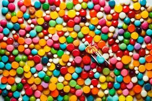 uma colorida doce é arranjado dentro uma pilha. gerado por IA foto