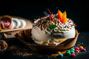 uma bolo com granulados e colorida doces. gerado por IA foto