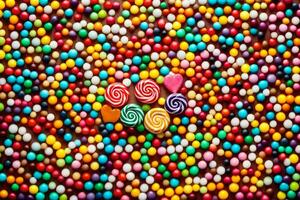 colorida doce bolas e pirulitos em uma mesa. gerado por IA foto