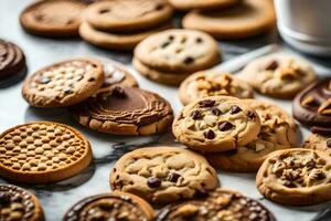 uma variedade do biscoitos e biscoitos em uma mármore contador. gerado por IA foto