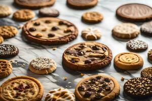 uma variedade do biscoitos e biscoitos em uma mármore contador. gerado por IA foto