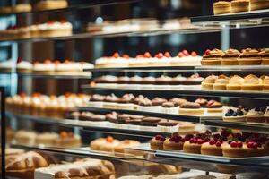 muitos diferente tipos do pastelaria estão em exibição dentro uma padaria. gerado por IA foto