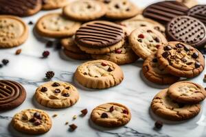 chocolate lasca biscoitos em uma mármore bancada. gerado por IA foto