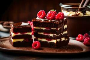 chocolate bolo com framboesa creme e chocolate geada em uma Sombrio fundo. gerado por IA foto