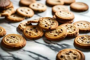 uma pilha do biscoitos em uma mármore contador. gerado por IA foto