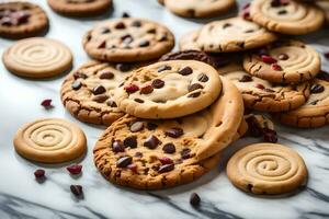 uma pilha do biscoitos em uma mármore contador. gerado por IA foto