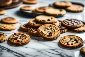 uma variedade do biscoitos em uma mármore contador. gerado por IA foto