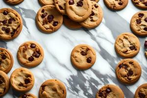 chocolate lasca biscoitos em uma mármore bancada. gerado por IA foto