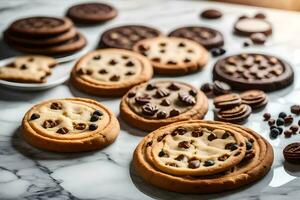 chocolate lasca biscoitos em uma mármore contador. gerado por IA foto