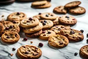 uma grupo do biscoitos em uma mármore contador. gerado por IA foto