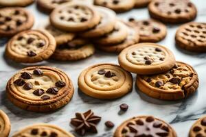 uma fechar acima do biscoitos em uma mármore superfície. gerado por IA foto