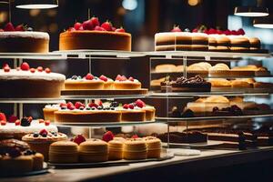 uma exibição do bolos e pastelaria dentro uma padaria. gerado por IA foto