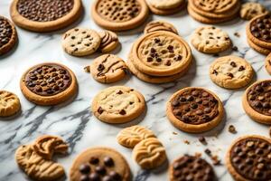 uma variedade do biscoitos e biscoitos em uma mármore superfície. gerado por IA foto