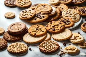 uma variedade do biscoitos e biscoitos em uma mármore superfície. gerado por IA foto