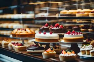 muitos diferente tipos do bolos estão exibido dentro uma padaria. gerado por IA foto