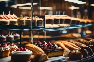 muitos diferente tipos do pastelaria estão em exibição dentro uma padaria. gerado por IA foto