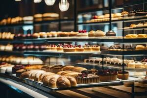 muitos diferente tipos do pastelaria estão em exibição dentro uma padaria. gerado por IA foto