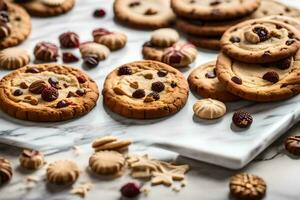 uma prato do biscoitos com cranberries e chocolate salgadinhos. gerado por IA foto