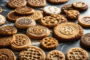 uma variedade do biscoitos estão arranjado em uma mesa. gerado por IA foto