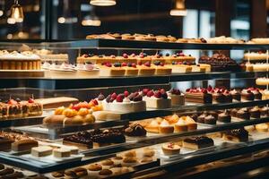 uma padaria exibição caso com muitos diferente tipos do pastelaria. gerado por IA foto