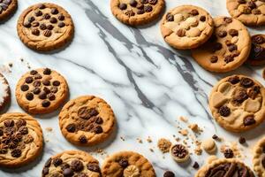 uma variedade do biscoitos e chocolate salgadinhos em uma mármore superfície. gerado por IA foto
