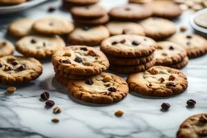 uma pilha do biscoitos em uma mármore contador. gerado por IA foto