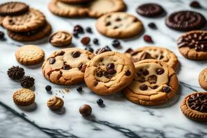 uma variedade do biscoitos e chocolate salgadinhos em uma mármore superfície. gerado por IA foto