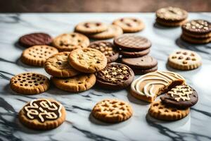 uma variedade do biscoitos em uma mármore contador. gerado por IA foto