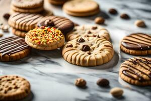 uma variedade do biscoitos em uma mármore superfície. gerado por IA foto