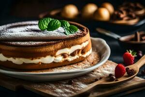 uma bolo com chocolate e creme em uma placa. gerado por IA foto