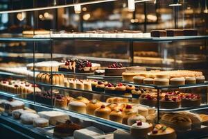 uma padaria exibição caso com muitos diferente tipos do pastelaria. gerado por IA foto