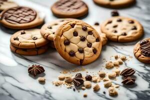 chocolate lasca biscoitos em uma mármore contador. gerado por IA foto