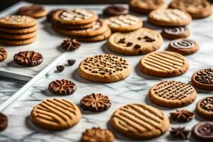 vários biscoitos e biscoitos em uma mármore mesa. gerado por IA foto