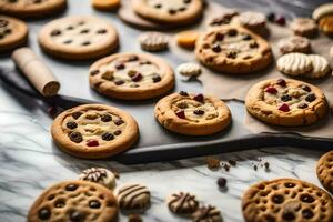 uma variedade do biscoitos em uma mármore contador. gerado por IA foto