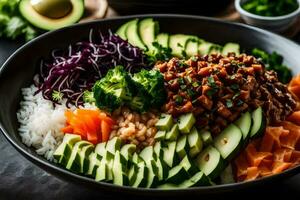 uma tigela do ásia Comida com arroz, legumes e eu no. gerado por IA foto