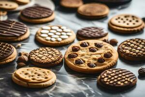 uma variedade do biscoitos e biscoitos em uma mármore mesa. gerado por IA foto