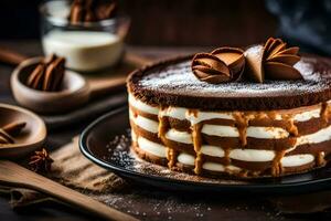 uma em camadas bolo com chocolate geada e canela. gerado por IA foto