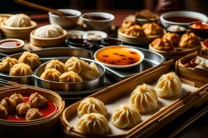 uma mesa preenchidas com dumplings e de outros Comida. gerado por IA foto