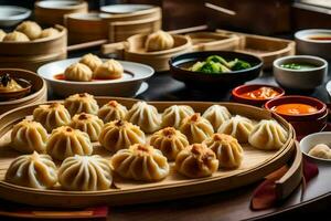 uma mesa com muitos diferente tipos do dumplings. gerado por IA foto