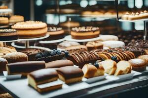 uma padaria exibição com muitos diferente tipos do pastelaria. gerado por IA foto