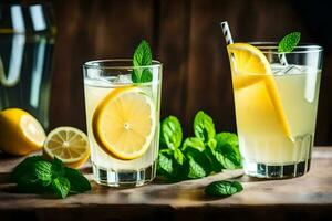 dois óculos do limonada com hortelã folhas. gerado por IA foto