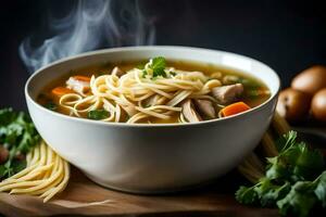 frango macarrão sopa dentro uma tigela. gerado por IA foto