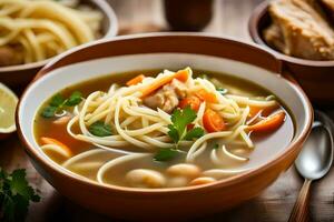 uma tigela do sopa com Macarrão, cenouras e eu no. gerado por IA foto