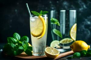 limonada com hortelã folhas e limões em uma Sombrio fundo. gerado por IA foto