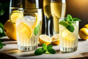 limonada com hortelã e limões em uma de madeira mesa. gerado por IA foto