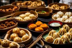 uma mesa preenchidas com vários dumplings e de outros Comida. gerado por IA foto